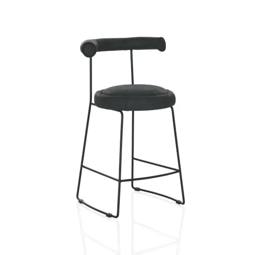STL 0039 - Counter Stool - Grey Leather Round Padded Seat on Black Frame