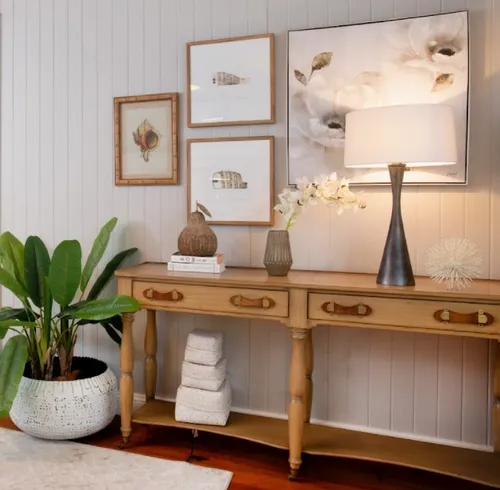 BUF 7087 - Rustic Wood Console with Leather Handles & Reeded Legs - Luxe Range