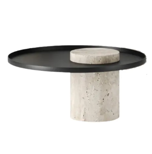 CT 6547 - Coffee Table - White Stone Cylindric Base with Off-centre Black Tray