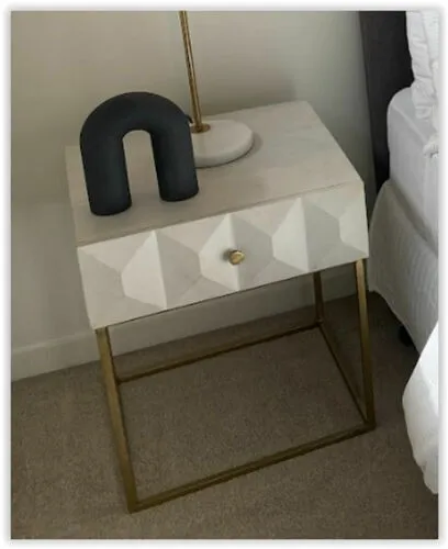 Ivory Geometric Drawer Motif Bedside Table with Gold Metal Legs - BST 7009