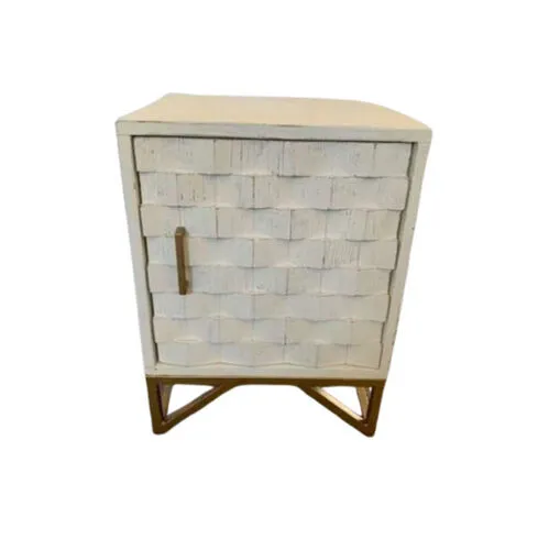 White Timber Bedside Cabinet with Carved Geometric Door - BST 3274