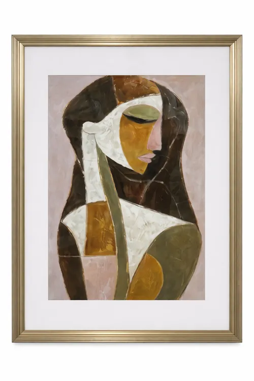 AW 0026B - Artwork - Medium - Framed Glass Timber Abstract Lady Green Mustard and Browns