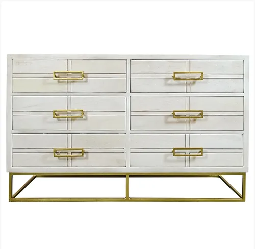 BF 0008 - 6 Drawer Distressed White Wash Timber & Brass Buffet - Standard