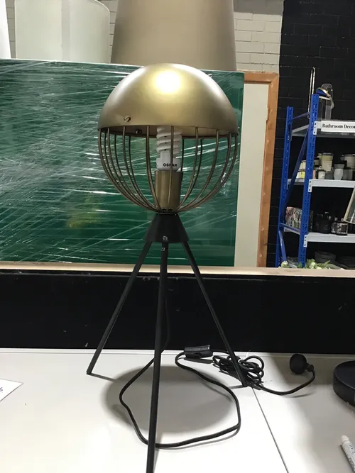 LP 5031 - Table Lamp - Industrial Style Black Tripod Legs & Brushed Gold Cage Shade