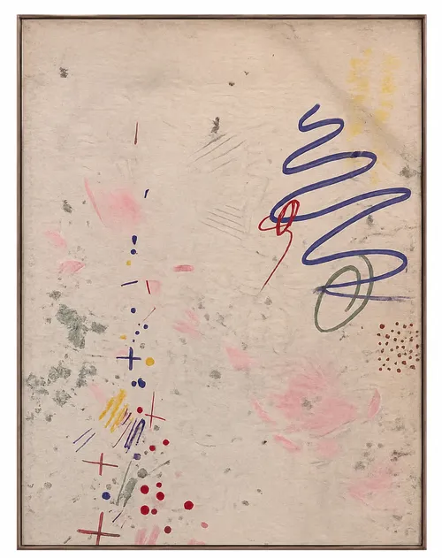 AW 1006 - Artwork - Large - Canvas Multicoloured Painted Squiggles and Crosses Whitewashed Grey Frame 