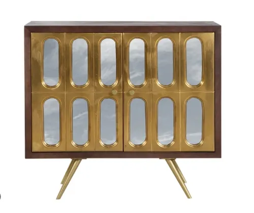 BF 0010 - Cabinet - Mango Timber on Gold Legs with Inset Gold Framed Panelled Mirrors - W 40 cm, H 61 cm, L 90 cm.