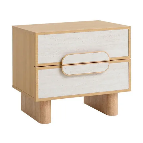 Natural Wood Modern Design Bedside Table with Stone Panel Drawers - BST 0125