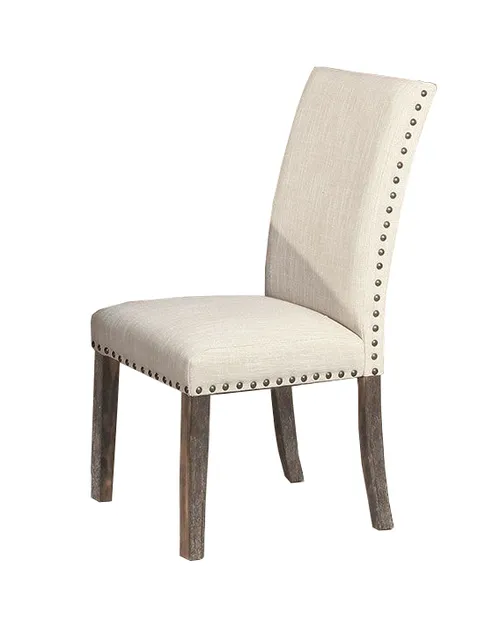 DC 9194 - Dining Chair - Light Grey Linen High-back with Silver Studs & Timber Legs