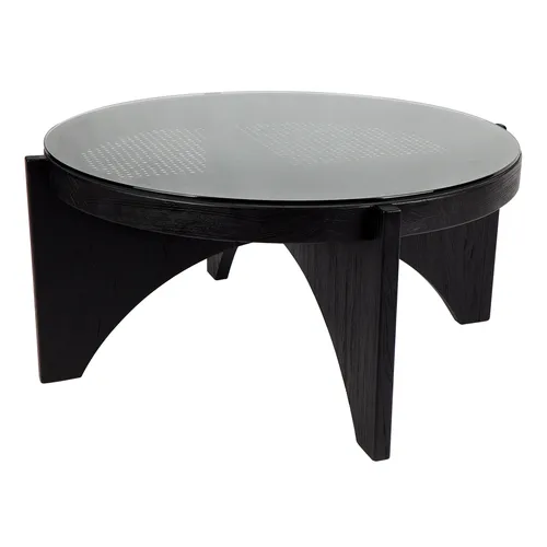 CT 0092 - Coffee Table - Matt Black Round Ash Timber & Rattan