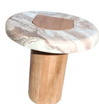 ST 0009 - Side Table - Round Stone-look Top with Unique Marbling and Wooden Base