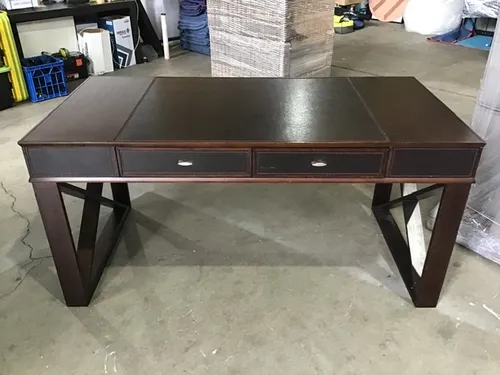 DK 8894 - Desk - Rich Timber Cross Leg Frame Upholstered with Brown Leather Panels