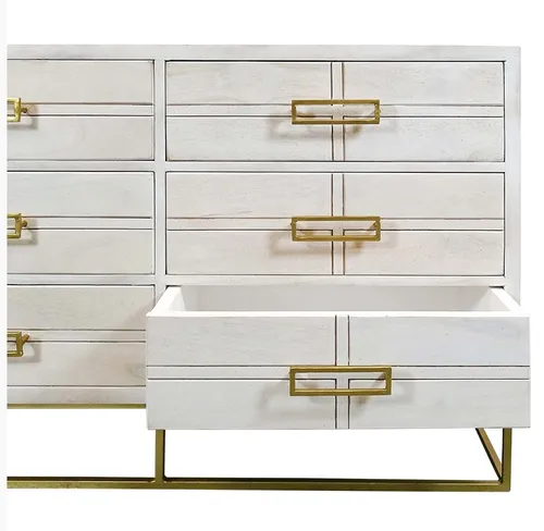BF 0008 - 6 Drawer Distressed White Wash Timber & Brass Buffet - Standard