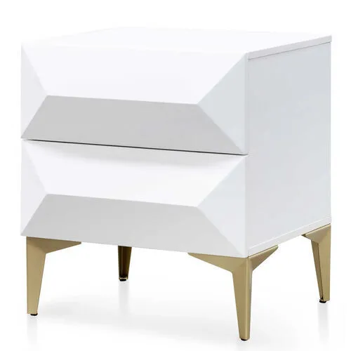 White Timber 2 Drawer Bedside Table with Gold Legs - BST 7721