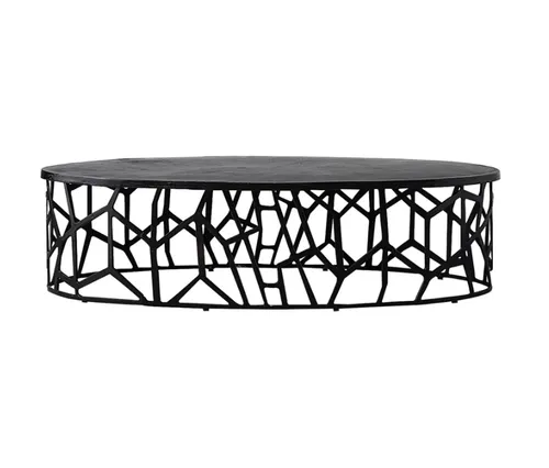 CT 6508 - Coffee Table - Oval Black Metal Abstract Geo Cut-out Base with Brown Marble Top