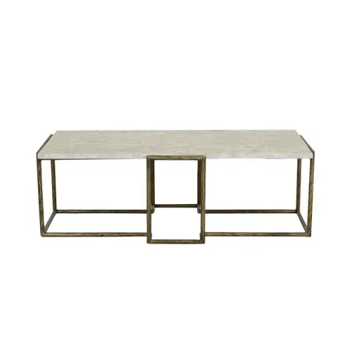CT 0019 - Coffee Table - Antique Brass Cross Design Frame with Latte Stone Rectangular Top