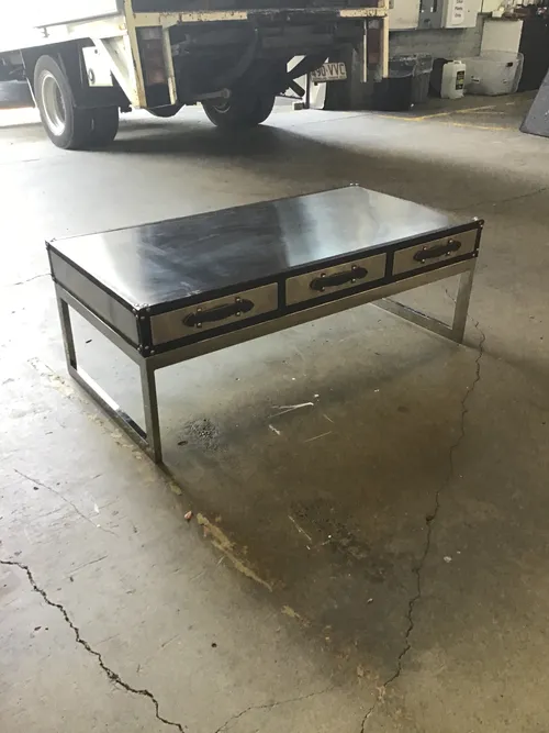 CT 4021 - Coffee Table - Stainless Steel with Brown Leather Trim