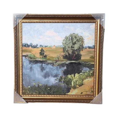 AW 0428 - Artwork - Medium - Oil Paint Lakeside Landscape in Antique Gold Frame