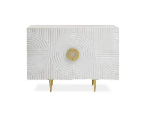 BF 0014 - White Wash Timber Buffet with Carved Circular Motifs & Gold Fittings - Standard