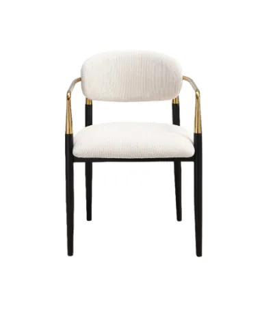 DC 0048 - Beige Regal Style Fabric Dining Chair with Gold Arm Rests & Black Legs 