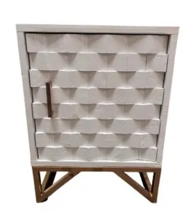 White Timber Bedside Cabinet with Carved Geometric Door - BST 3274