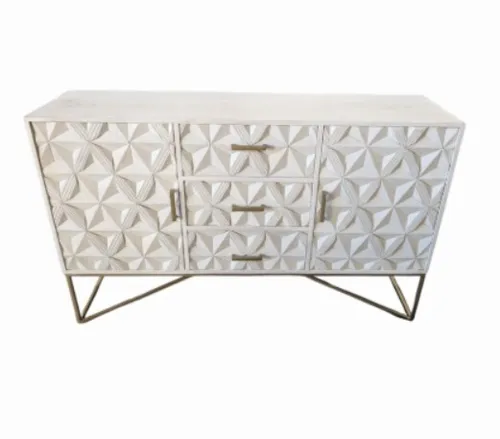 BUF 6938 - Buffet - White Washed Timber with Carved Geometric Pattern & Gold Fittings