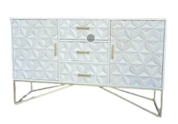 BUF 6938 - Buffet - White Washed Timber with Carved Geometric Pattern & Gold Fittings