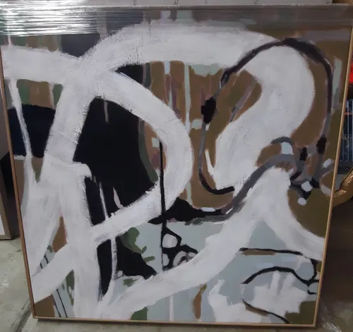 AW 0264 - Artwork - Medium - Gold/Black/Green/White/Grey Abstract Canvas in Gold Frame