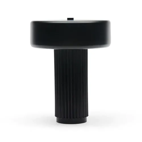LP 0103 - Table Lamp - Black Iron and Round Flat Metal Shade with Vertical Lines & Divets