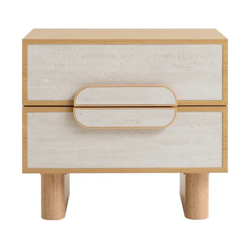 BST 0125 - Bedside Table - Natural Wood with Stone Panel Drawers