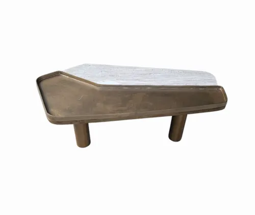 CT 0062 - Coffee Table -  Antique Brass and Beige Marble Split Top