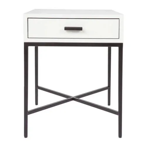 Single Drawer White Timber Bedside with Cross Black Metal Legs - BST 0045