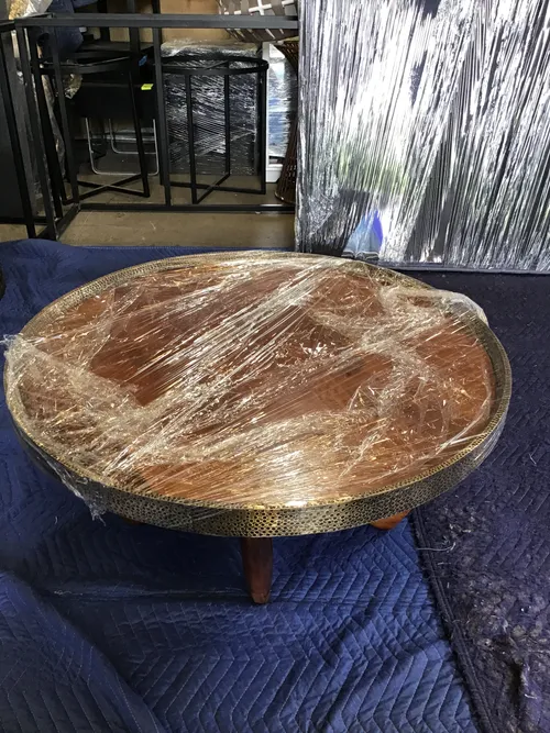 CT 4456 - Coffee Table - Circular Timber Top with Dimpled Gold Metal Trim