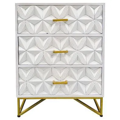 BST 0033 - Bedside Table - Large 3 Drawer - White Wash Timber & Antique Brass 