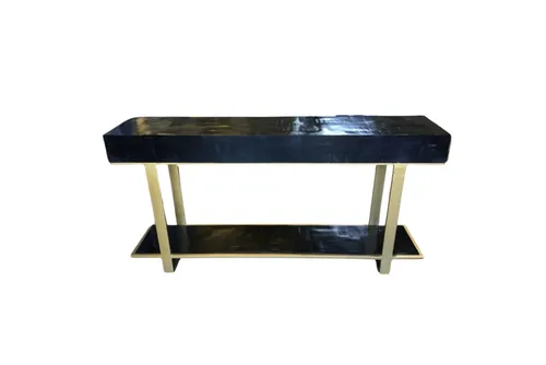 CN 9996 - Console - Rectangular Black Timber Block Top & Shelf on Gold Metal Frame