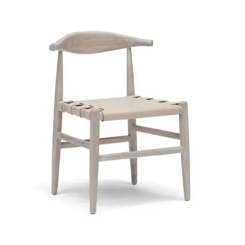 DC 0098 - Dining Chair -  White Wash Teak Frame with Ecru Leather Strapped Seat