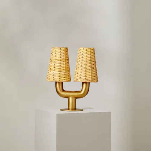 LP 0174 - Table Lamp - Gold Metal Dual Lamp with Rattan Cone Shade