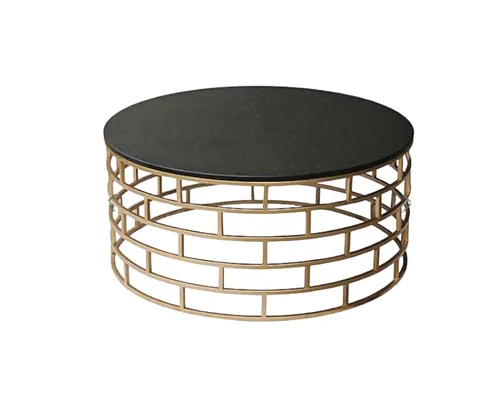 CT 0036 - Coffee Table - Durga Round Black Marble Top on Gold Cut-out Brick Metal Frame