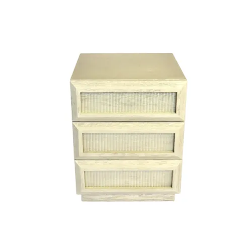 Brushed White Wood & Glass Panel 3 Drawer Bedside Table - BST 0031