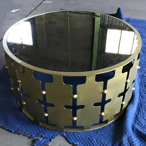 CT 7011 - Coffee Table - Round Gold Metal Geometric Cut-out Base with Black Glass Top