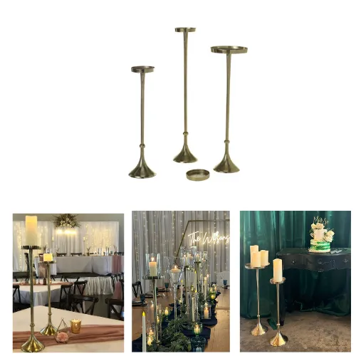 Tall Gold Pillar Stands for candles or floral (plate sizes are interchangeable) 7”x24”, 7” x28” 