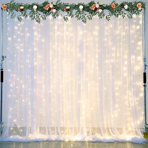8 ft × 20 ft Backdrop with White Voile Drapes & Curtain Lights