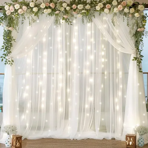 8 ft × 10 ft Backdrop with White Voile Drapes & Curtain Lights