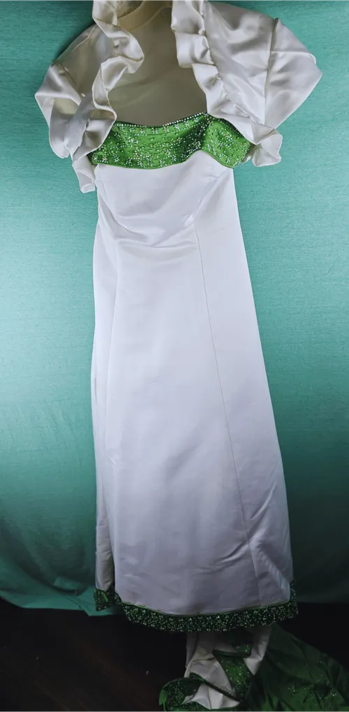 White Wedding Dress with Green Accents, Train & Bolero