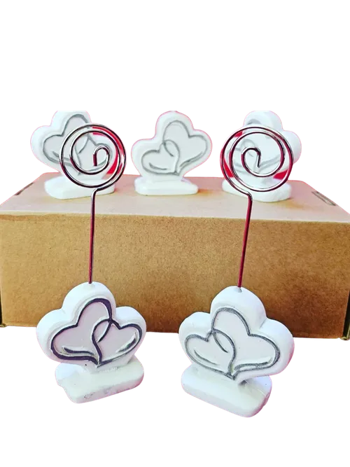 Set of 8 White & Silver Double Heart Placecard Holder