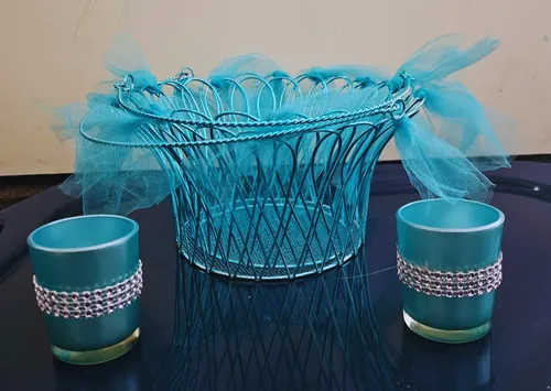 5 Piece Turquoise Basket, Tray & Votive Set