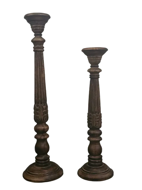 Set of 2 Ornate Wooden Candle Columns 2 & 2.5 ft