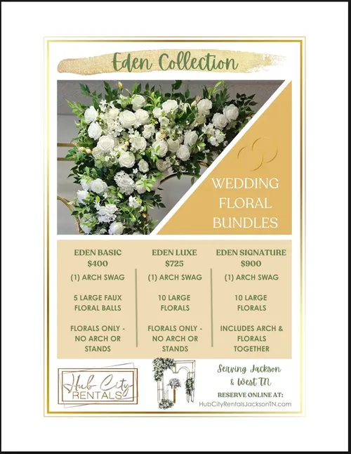 Eden Signature – Arch Swag, 10 Floral arrangements& Arch Rental