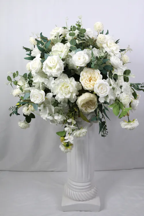 White roses with green foliage faux arrangement