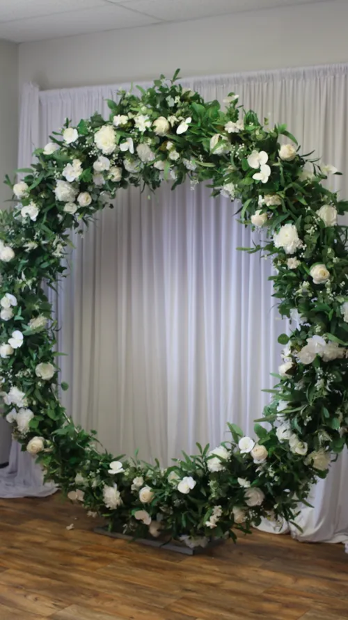 Green & White Circle Floral Arch Rental