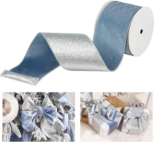 4 inch blue wired ribbon